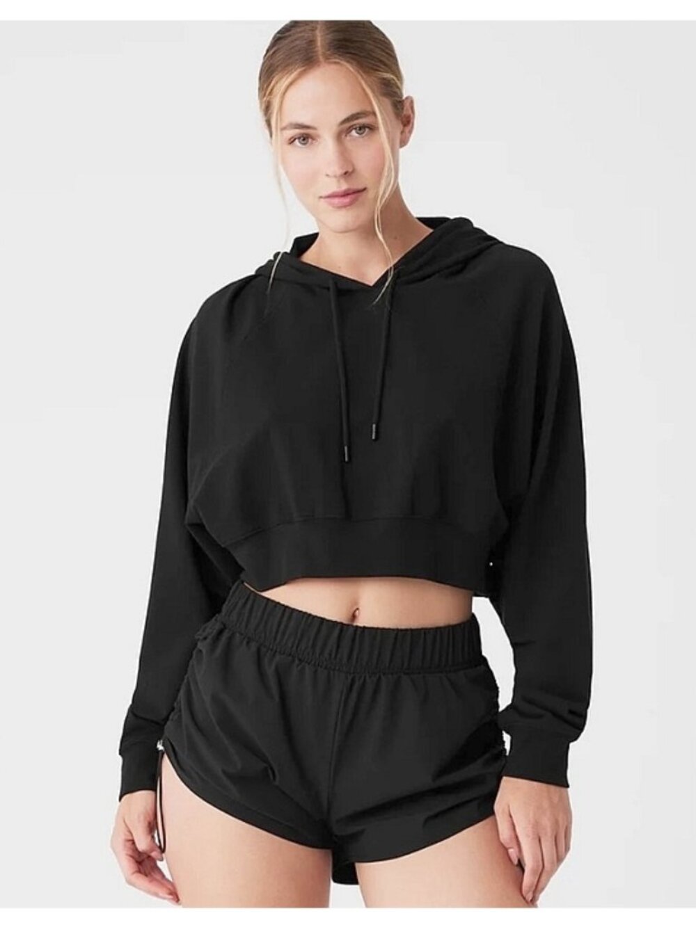 Alo Cropped Double Take Hoodie Black Hooded Hood Pullover Stretchy Sweatshirt S